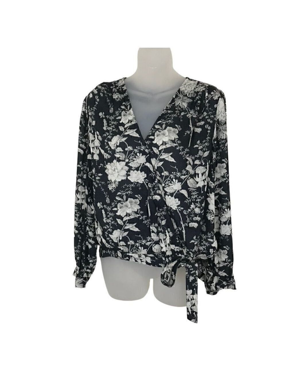 Lucky Brand  Beautiful Black And White Floral Wrap Style Blouse With Ties Size S